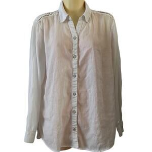 Chico’s 2 White Semi-Sheer Blouse Woman Size 12 Convertible Sleeves Button Up